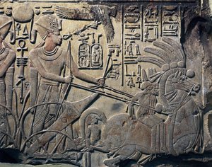Stele of Amenhotep III Showing the Pharaoh Driving a Chariot, 1391-1353 BC, Cairo, Egyptian Museum, Cairo. From Qina, Dayr al-Bahri, Thebes.