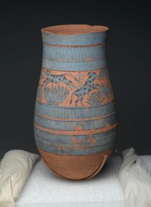 Teardrop shaped vase with painted designs of maidens, cows and swamp plants, New Kingdom, c.1390-1353 BC by Egyptian 18th Dynasty