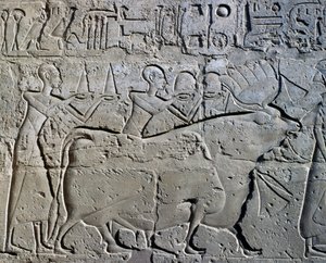 Characters symbolizing mining districts bringing their tributes to god