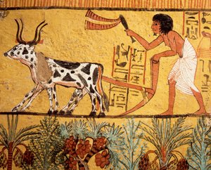 Egypt, Ancient Thebes, Deir el-Medina, Tomb of Sennedjem, Mural Painting Depicting Sennedjem Ploughing Fields of Iaru