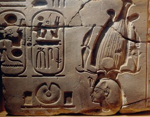Egypt, Luxor, Ancient Thebes, Assasif Valley, fragment of relief depicting Ramses II and cartouches by Egyptian 19th Dynasty