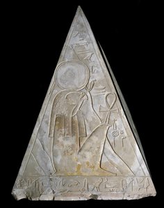 Egyptian antiquity: pyramid tip of the chapel of Ramose decorated with the representation of Re-Atum, deity of the setting sun. 19th dynasty (1295-1190 BC) Deir el Medineh. Turin Egyptian Museum by Egyptian 19th Dynasty