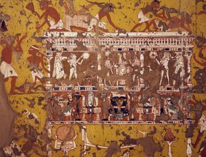 Making of carved bier, fresco, Tomb of sculptor Ipy, Deir el-Medina Theban Necropolis (Unesco World Heritage List) by Egyptian 19th Dynasty