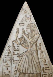 Pyramidion in limestone poses at the top of the chapel tombs in the pyramids by Egyptian 19th Dynasty