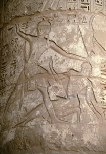 Ramses holding his Asian enemies by their hair while he is preparing to slay them, relief, Temple of Seti I, Kanais, Egypt, Egyptian civilization, New Kingdom, Dynasty XIX