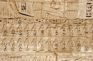 Egyptian antiquity: detail of the reliefs of the first pylon representing the emblems of the cities conquered by Pharaoh Ramses III. Funeral Temple of Ramses III by Egyptian 20th Dynasty