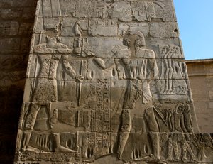 Funeral Temple of Ramses III. Low Relief Representing the Pharaoh Receiving the Insignia of Power from Amon, Luxor, Medinet Habu, Egypt