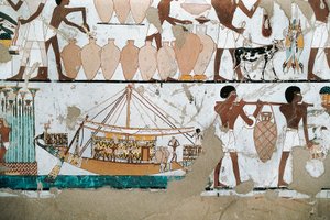 Mural Painting Depicting Scene of Carriage of Wine on Boat, from New Kingdom