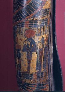 Detail of Sarcophagus Showing Re-Harakhty with Solar Disc, Holding Crook and Flail Sceptres, Two Sons of Horus Standing Behind, Third Intermediate Period, 850-730 BC (detail)