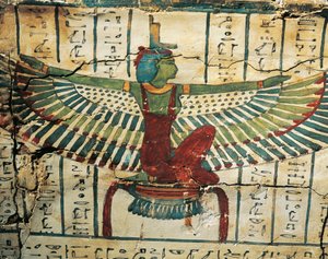 Painted, Lacquered Wood, Depicting Goddess Isis with Spread Wings, on Sarcophagus of Cesraperet from West Thebes