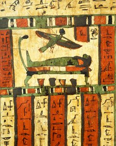 Plastered and painted wood depicting deceased on deathbed while soul, Ba, flies towards afterlife, from Sarcophagus of Tashakheper, Thebes