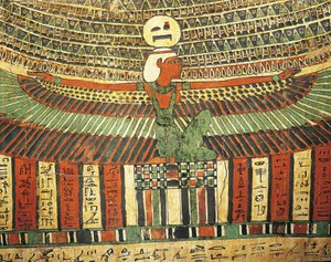 Plastered and Painted Wood Depicting Goddess Nut Protecting False Door Leading to Afterlife, from Sarcophagus of Tashakheper, Thebes