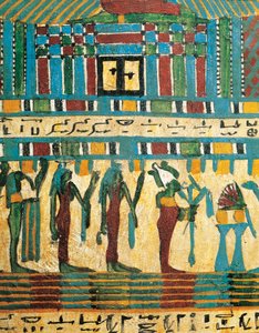 Plastered and painted wood panel detail with judgment chamber and god Osiris followed by divinities, from Sarcophagus of Usai, Thebes