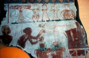Fragment of a wall painting originally from Thebes, depicting two male figures in the act of preparing or bottling food products in liquid form, 1540-1479 BC by Egyptian Egyptian