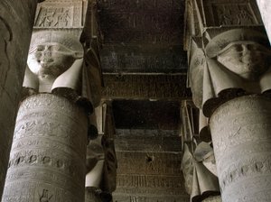Egyptian Antiquity: Partial View of the Hypostyle Room with Columns Decorated with the Representation of the Goddess Hathor. Temple of Hathor, Denderah, Egypt