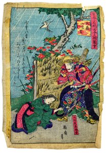 Military Commander Doukan Mochisuke Oota in Japanese Kerria Flower Village, c.1875 by Eiichi Seisai