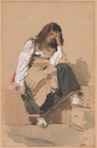 A Seated Peasant Girl in Contemplation by Eleuterio Pagliano