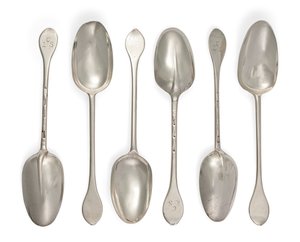 Set of Six Queen Anne Provincial Wavy End or Dog-Nose Table Spoons, with Rat-Tail Bowls, Newcastle by Eli Bilton