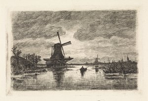 Landscape with Two Windmills and a Rowboat by Elias Stark