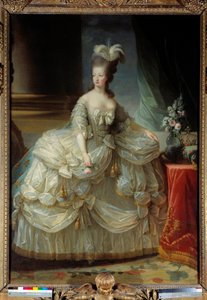 Portrait of Marie Antoinette, Queen of France, in large court suit, a rose in hand. Painting by Marie Elisabeth Louise Vigee Le Brun