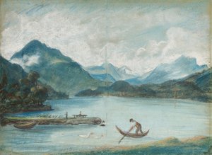 View of Lake Geneva with a Man Rowing a Small Boat and Two Swans