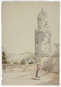 Woman and Child before Walled Town with Tower
