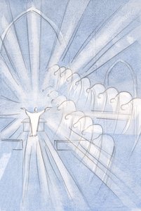 Angels and Saints bow low, adoring, at Christ