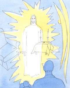 Christ our God Who reigns in Eternal Glory, is Really Present in the Blessed Sacrament in church, and in the homes of the sick who receive Holy Communion