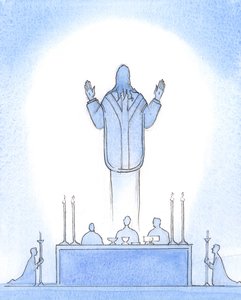 Christ our risen Lord was Present above the altar, as if ascending from the tomb, His hands uplifted to the Father, interceding for us who believe in Him, our High Priest by Elizabeth Wang