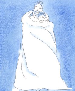 Christ stands by us in Holy Communion, wrapping us in His cloak, as a man cloaks a friend in a storm, to hold His friend close and to give him protection, warmth and consolation by Elizabeth Wang