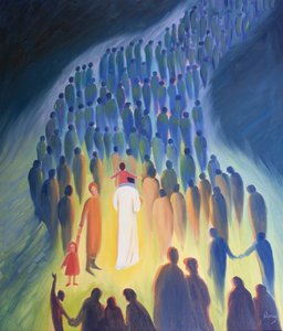 Christ walks amongst his people, with the pilgrims and the sick ones, a child on His shoulders.