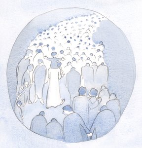 Christ was walking in the midst of His people, a child on His shoulders, with the pilgrims and sick ones by Elizabeth Wang