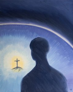 God the Father looks down in love and admiration as Christ willingly suffered to fulfill His plan to save sinners by Elizabeth Wang