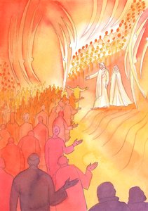 Jesus crucified waits at the gate of Heaven, with His mother Mary and the holy angels