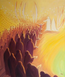 Jesus crucified waits at the gate of Heaven, with His mother Mary and the holy angels