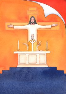 Jesus is Present with us at Mass, praying to the Father on our behalf, for help in our needs, and for eternal salvation. We can unite all our prayers with his great sacrificial prayer by Elizabeth Wang