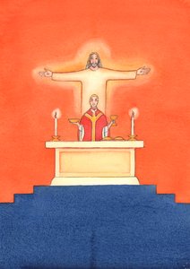 Jesus is Present with us at Mass, praying to the Father on our behalf, for help in our needs, and for eternal salvation. We can unite all our prayers with his great sacrificial prayer by Elizabeth Wang