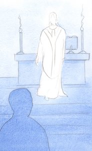 Jesus was present amongst us at Mass, robed as a priest, turning towards us to lead us into prayer by Elizabeth Wang