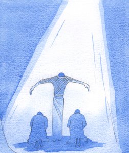 The suffering Saviour stands, with outstretched arms, to shelter repentant people; and the Father looks lovingly from Heaven, upon His Son, 2002 by Elizabeth Wang