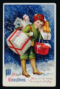 Boy with Presents, early 20th century christmas card