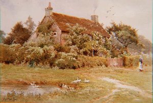 A Woman and Ducks near a Cottage in Summer by Elliot Henry Marten