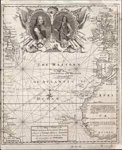 A new map or chart of the western or Atlantic ocean with part of Europe, Africa and America: showing the course of the galleons to and from the West Indies by Emanuel Bowen