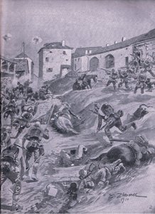 The Aschaffenberg 2nd Bavarian Hunter Battalion at Lagarde August 1914, from The Illustrated History of the World War 1914-1915 pub. by Union Berlagsefellfchaft