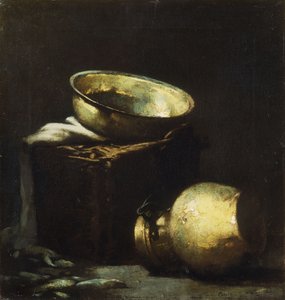 Still Life with Copper Pots and Black Fish