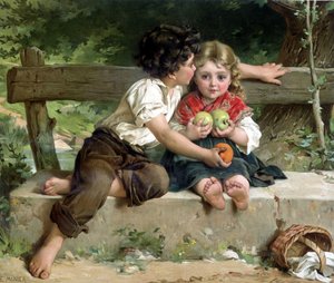 Boy kissing girl and giving her apples, according to E. Munier