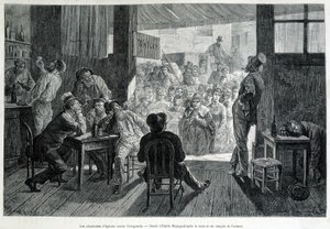 A group of women in front of a bar, forbidden to women, singing hymns to drunks against alcoholism