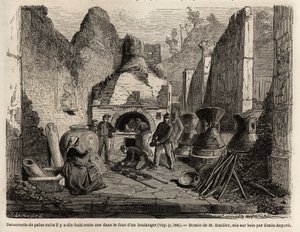 Discovered by a bakery oven and preserved bread in ash during the excavations of 1864 in Pompei, drawing by Emile Bayard, to illustrate Marc Monnier
