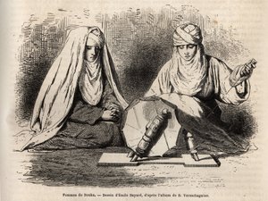 Women of Bukhara (Uzbekistan), working on their work to spun, engraving after a drawing by Emile Bayard, to illustrate Basile Vereschaguine