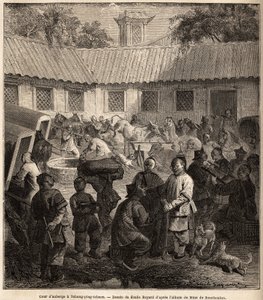 Hostel courtyard in Chiang Ping Cheou. Drawing by Emile Bayard (1837-1891), to illustrate the journey of Shanghai to Moscow, from 1859 to 1862, by M. de Bourboulon, Minister of France to China. Engraving in Le tour du monde, edited by Edouard Charton
