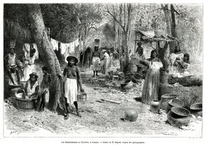 Les blanchisseuses au Chorillo, Panama, engraving after a drawing by E.Bayard, to illustrate the story Exploration at the isthmus of Panama and Darien, by A. Reclus, lieutenant of ship, from 1876 to 1878, published in the tour du monde, under the direction by Emile Antoine Bayard